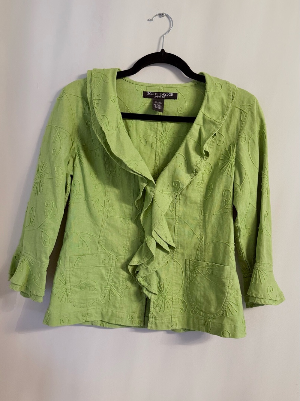 Fairy Green Linen blend Ruffled Jacket Top